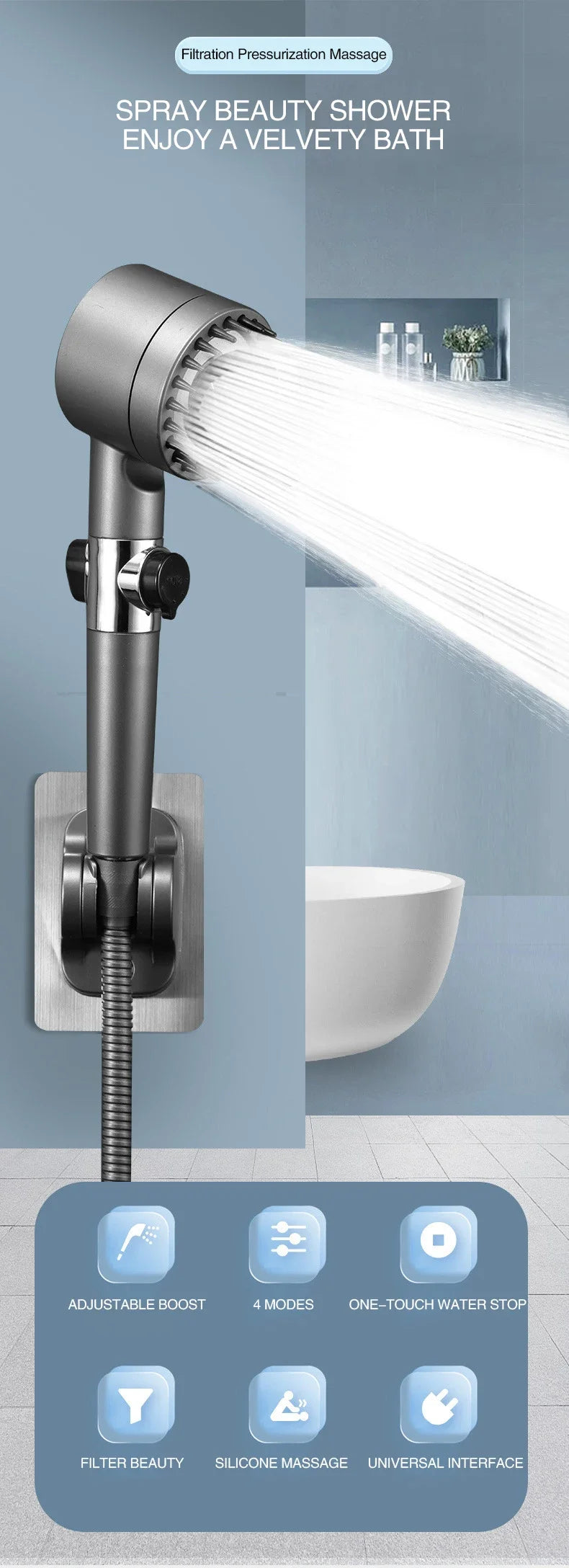 Pommeau de Douche Haute Pression 3 Modes + Filtre Massage