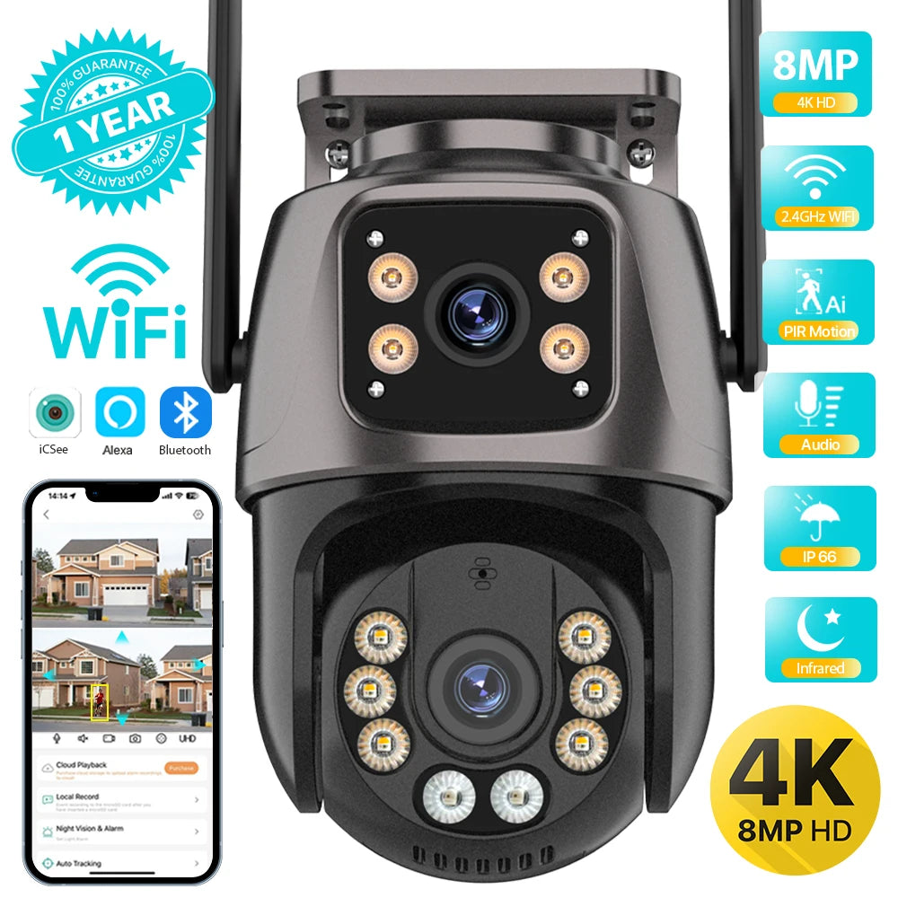Caméra de Surveillance WiFi 4K 8MP Extérieure - Double Objectif PTZ 360°